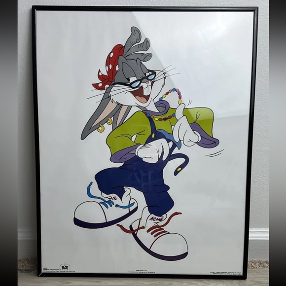Vintage 1993 Bugs Bunny Hip Hop Rap Framed Poster Looney Tunes Warner Bros 20x16 - Picture 1 of 7
